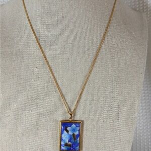 Elegant Vintage Japanese Amita Cloisonné Floral Pendant Gold-Tone Necklace